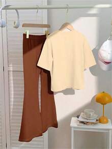 2pcs Tween GirlsCasual Letter Print Loose Tee And Wide Leg Pants Set, Suitable For Spring/Summer - Coffee Brown - View 4