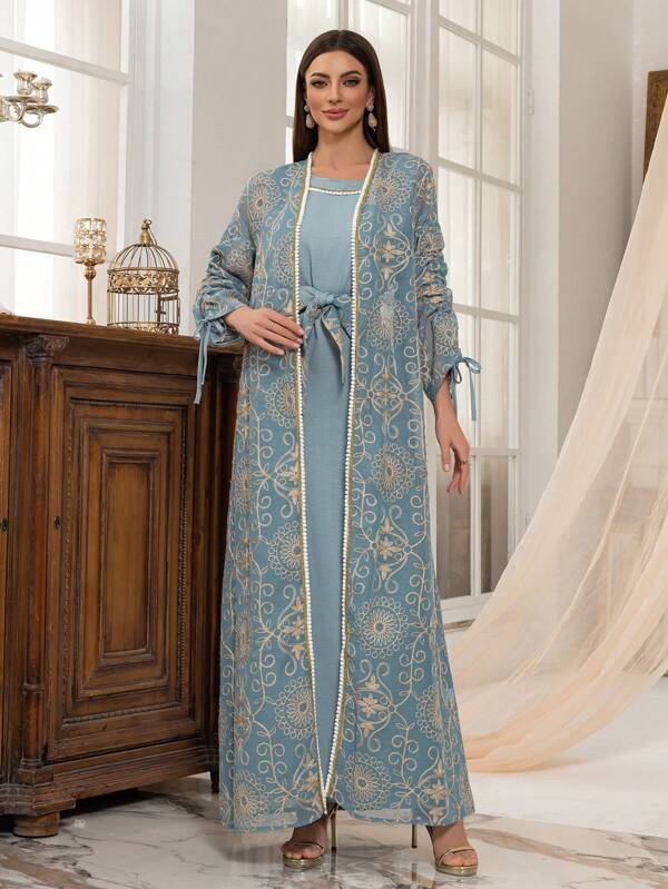 Middle Eastern Muslim Clothing Is Fashionable And Elegant, With An Embroidered Cardigan Set For Summer Dresses