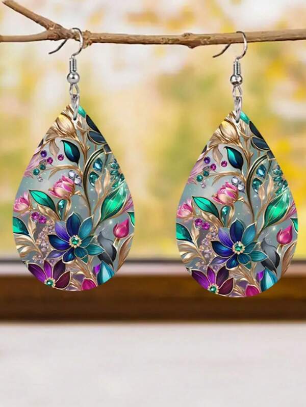 A Pair Of Teardrop-Shaped Gemstone Floral Pattern Acrylic Earrings For Dinner Wear, Banquet Souvenirs, Gifts, Women's Jewelry, Summer