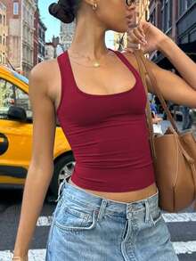 女士休闲纯色修身春夏街头风日常度假性感背心短款上衣