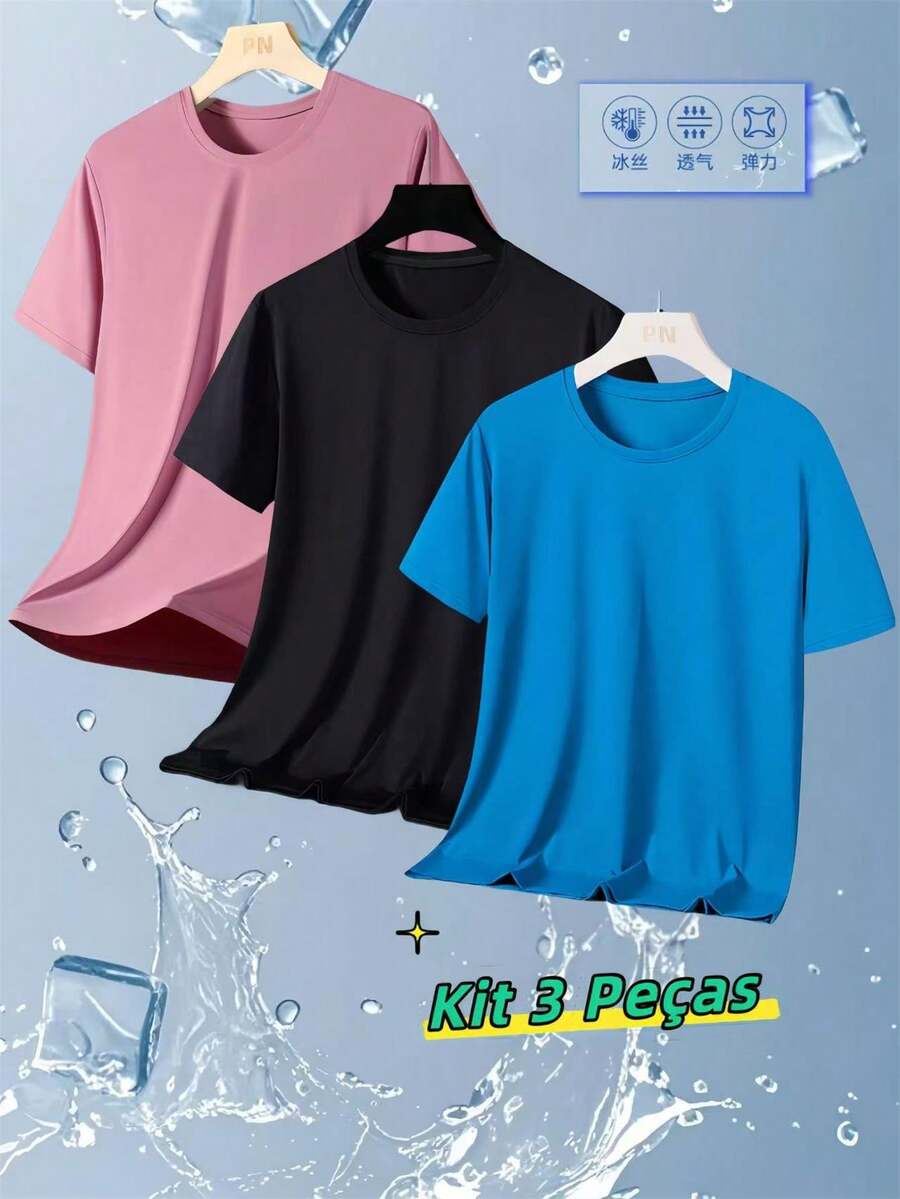 Kit 3 Men's T-Shirts Short Sleeves Breathable Mesh Quick-Drying Ice Silk - Baby Pink - View 1