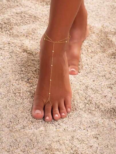 1pc Stainless Steel 18K Gold Plated Double Layer Toe Ring Foot Chain, Fashionable For Women, Suitable For Beach, Travel, Vacation