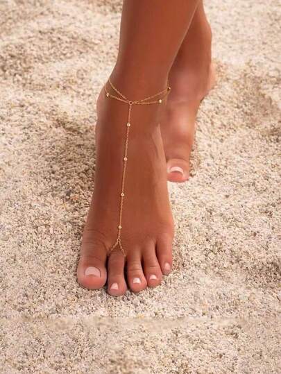 1pc Stainless Steel 18K Gold Plated Double Layer Toe Ring Foot Chain, Fashionable For Women, Suitable For Beach, Travel, Vacation