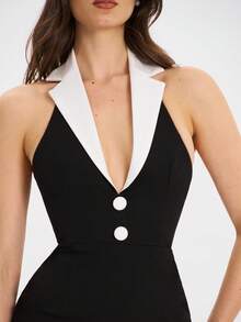 Women's Summer Sexy Halter V Neck Embellished Maxi Long Dress For Wedding Black And White Backless Evening Dress Elegant Cocktail Party Dress Bodycon - Black - View 10