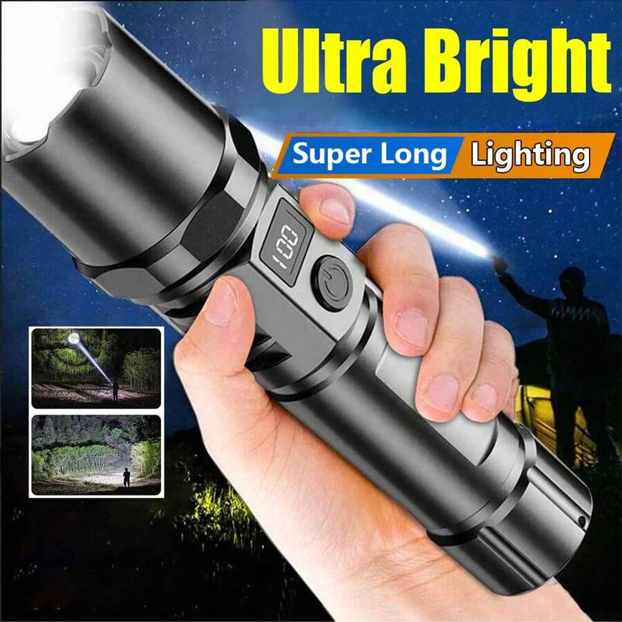 KENSUN 1pc Portable Spotlight Long Range LED Flashlight With Power Display Type-C Charging Built-In Battery Lightweight Telescopic Zoom LED Torch, Camping Accessories - Black - View 1