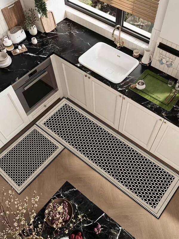1pc Premium Silica Gel Diatomite Kitchen Floor Mat, Beige & Black Mosaic Rhombus Geometric Pattern, Classic Minimalist Style, Shock-Absorbing Anti-Fatigue Kitchen Rug, Water-Absorbing Mat For Kitchen, Bathroom, Entrance, Laundry Room