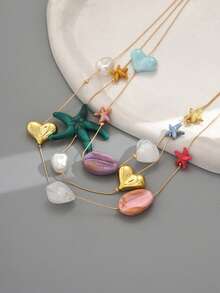 1 pezzo Collana da donna in stile spiaggia vacanze, con pendente multistrato in resina a forma di conchiglia, tartaruga marina e stella (colore accessori a caso) - Multicolore - Visualizzare 3
