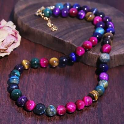 1 Stück Boho-Stil bunter natürlicher Tiger-Auge Rundperlen Halskette - perfekt für jeden Anlass, ideal für modebewusste Frauen