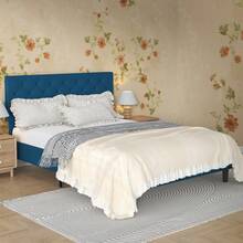 HOMBCK Bed Frame, Upholstered Platform Bed With Headboard, PU Leather Fabric Bed Frame, Button Tufted Design, Bed Frame Queen Full Twin , No Box Spring Required, Easy Assembly - Blue - View 7