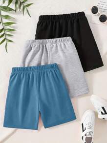 Set de 3 pantalones cortos de niño de estilo colegial deportivo informal de unicolor para primavera y verano, muy adecuados para salidas de verano, vacaciones, ciclismo, correr y uso diario