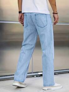 1pc Men's Straight Leg Regular Fit Casual Light Blue Denim Jeans, Comfortable Street Style Suitable For Urban Walking And Outdoor Activities, Spring/Summer - Rửa nhẹ - Xem 2