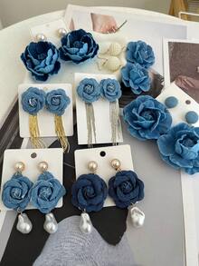 1件优雅复古奢华蓝色布艺花朵耳环,时尚珠宝,女士礼物,适合情人节、约会、宴会、通勤、派对、生日、节日等场合(由于拍摄时的光线和角度,实际产品颜色可能与图片略有不同) - 耳環 - 查看 5