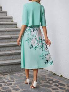 Women's Elegant Two-Piece Set, Half Sleeved Jacket And Floral Print Dress, Summer Outfits For Women - 綠色 - 查看 2