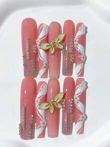 10pcs Luxury Elegant French Extra Long Coffin Handmade Nails, Nude Pink, White Ribbon Pattern, Golden Butterflies, Pearls, Diamonds, White Flowers Decoration; Homemade Nails DIY Press On Nails Nail Art Acrylic False Nails; Suitable For Holiday, Parties, Daily Wear; Includes 1Sheet Jelly Glue & 1pc Mini File - Dusty Pink - View 1