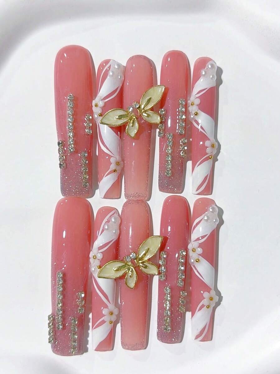 10pcs Luxury Elegant French Extra Long Coffin Handmade Nails, Nude Pink, White Ribbon Pattern, Golden Butterflies, Pearls, Diamonds, White Flowers Decoration; Homemade Nails DIY Press On Nails Nail Art Acrylic False Nails; Suitable For Holiday, Parties, Daily Wear; Includes 1Sheet Jelly Glue & 1pc Mini File - Dusty Pink - View 1
