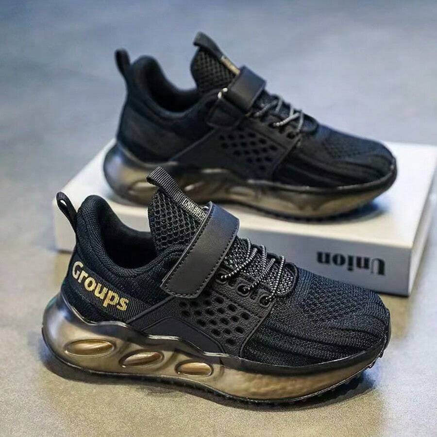 Zapatillas Deportivas Casuales Transpirables de Punto para Niños, Para Todas las Estaciones,Zapatos casuales de color sólido tejido para niños, tenis transpirables y ligeros para caminar, correr y entrenar, todas las estaciones,Adecuado para niños y niñas, hombres y mujeres - Negro - Ver 1