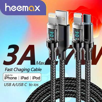 BinBoom 3A Max 兼容 充电器线 MFi 认证长闪电线带 LCD 显示屏，2.4A 快速充电 USB A/Type-C 至 IOS 线兼容 14 13/12/11 Pro Max/XS MAX/XR/XS/X/8/7/Plus/6S