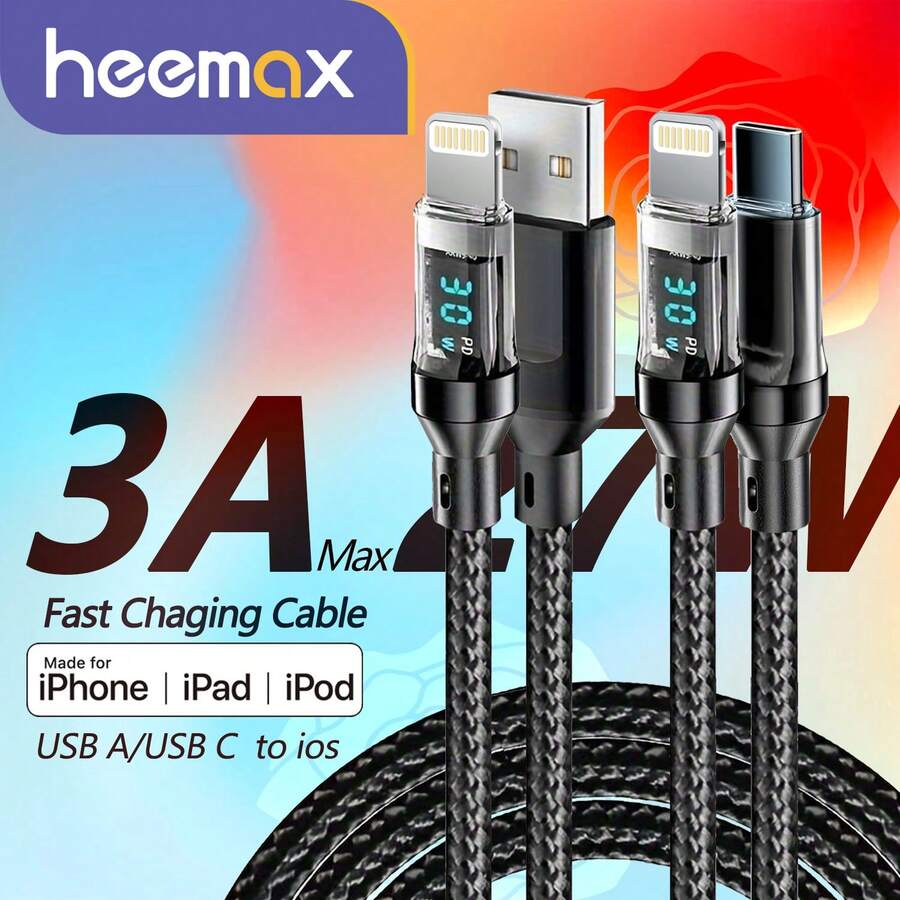 BinBoom 3A Max Compatible With IPhone Charger Cord MFi Certified Long Lightning Cable With LCD Display, 2.4A Fast Charging USB A/Type-C To IOS Cable Compatible With IPhone 14 13/12/11 Pro Max/XS MAX/XR/XS/X/8/7/Plus/6S - Black - View 1