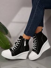 Novos Sapatos de Lona de Cano Alto Primavera Outono 2025, Sapatos Plataforma Casuais, Sapatos de Salto Interno para Mulheres Estudantes