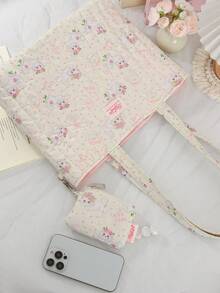 1 件可爱猫咪蝴蝶结设计单肩包带零钱包吊坠绗缝条纹托特包单肩包花卉托特包短途旅行单肩包旅行购物袋带可拆卸零钱包适合少女女士大学生非常适合大学、户外、旅行、郊游，女士可爱蝴蝶结包 - 彩色 - 查看 6