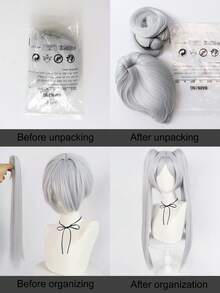 银灰色长直双马尾cosplay假发，带精灵耳朵，耐热合成纤维双马尾动漫cosplay假发，带刘海，适合节日、漫展、cosplay派对、哥特萝莉风格及日常佩戴 - 自然中分，可拆卸爪夹马尾，逼真造型，女性生日礼物 - 銀色 - 查看 8