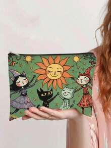 魔法森林之夜化妆包 - 万圣节礼物 - 深绿色包，带有异想天开的女巫、猫和月亮设计，拉链袋可容纳化妆品、铅笔或零食 - 送给姐妹、学生和成人的完美礼物，多用途袋 | 天体艺术 | 耐用拉链封口，大号化妆包