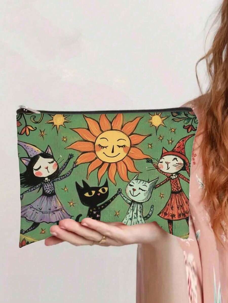 魔法森林之夜化妆包 - 万圣节礼物 - 深绿色包，带有异想天开的女巫、猫和月亮设计，拉链袋可容纳化妆品、铅笔或零食 - 送给姐妹、学生和成人的完美礼物，多用途袋 | 天体艺术 | 耐用拉链封口，大号化妆包