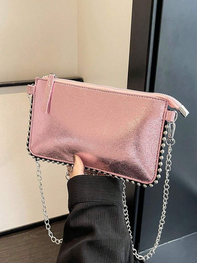 Women's Vintage Solid Color Faux Metal Beaded Chain Shoulder Envelope Bag For Party - Pink - View 1