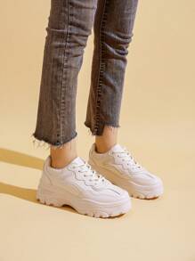 Thick Sole Breathable Casual White Sneakers For Women, Fashionable Versatile Sport Shoes, Platform Lace-Up Leather Flat Shoes, Waterproof, For Big Sizes