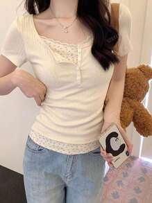 Women's Solid Color Button Half Placket Short Sleeve Casual T-Shirt, Summer
