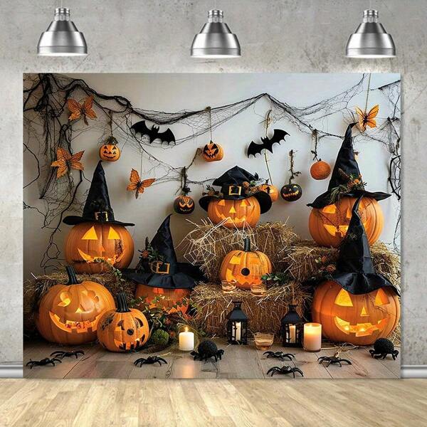 1 Stück Halloween Hintergrundstoff - gestaltet mit beängstigenden Kürbissen und Fledermäusen, Polyesterfaser, perfekt für Outdoor- und Partydekorationen - erhältlich in 39x59, 70.8x90.5, 94.5x118.1 Zoll, Outdoor-Halloween-Dekoration | Fledermaussilhouette Design | Outdoor-Stoff, Halloween Heimdekoration