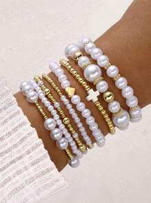Set de 8 piezas Pulseras elegantes y de moda con cuentas en forma de cruz y corazón, pulsera tejida multicapa adecuada para vacaciones, fiestas, citas y uso diario