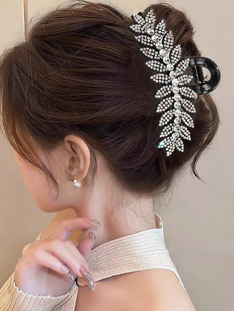 1pc Full Crystal Rhinestone Leaf Shape Hair Claw Hair Claw, Suitable For Daily Outfits Summer Claw Clips Hair Clips Hair Jaw Clip Hair Clamps Hair Clutch Hair Catcher Clip Fall Winter Hair Accessories For Women For Vacation Outfits Woman
