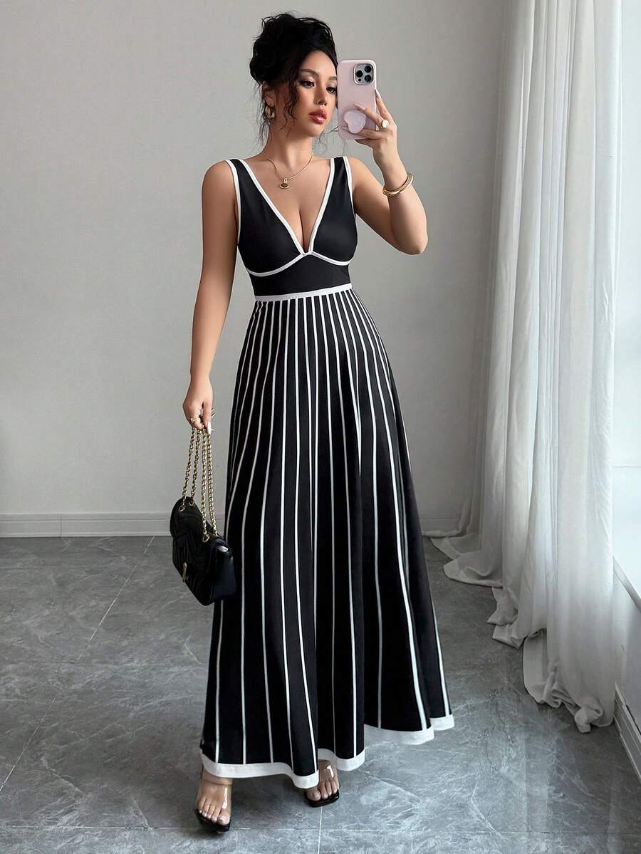Vestido largo de corte evasé de escote profundo en V sin mangas, ajustado, con estampado de contraste en blanco y negro, para uso casual, oficina diaria, graduación y fiestas, nueva ropa de mujer para primavera y verano - Blanco y Negro - Ver 1