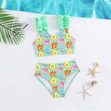 Young Girl Donut Print Bikini Set Summer Beach - Green - View 1