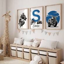 3pcs Set Custom Canvas Wall Art - Personalized First Initial Name, Personalized Motorcycle Theme Wall Art Set - Black & Blue Customizable Prints For Boy's Room High Quality Material, Unique Gift Idea Gifts Birthday Graduation Optional Frame