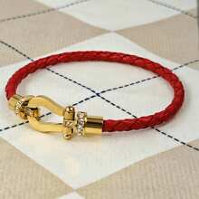 1pc Fashionable Minimalist U-Shaped Micro-Inlaid Half-Brick Magnetic Buckle Braided Leather Bracelet, Unisex Daily Wear, Holiday Gift
