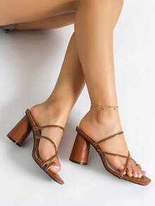 女士简约细带凉鞋，优雅高跟露趾绑带设计，适合2025年夏季 - 棕色 - 查看 9