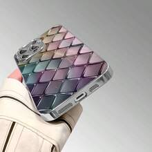 Argyle Pattern 1pc Rhombus Pattern Tempered Glass Phone Case, Elegant & Premium, Compatible With IPhone - Silver - View 5