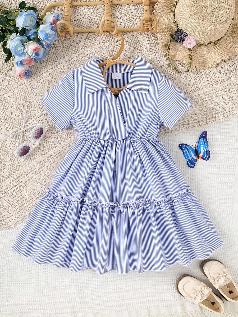 Girls' Summer Stripe V-Neck Short Sleeve A-Line Dress - Blue - View 1