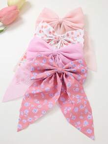 Set de 6 pinzas para el cabello con lazo de malla de chifón plateado brillante con estampado floral pequeño para niñas, adecuado para uso diario - Multicolor - Ver 3