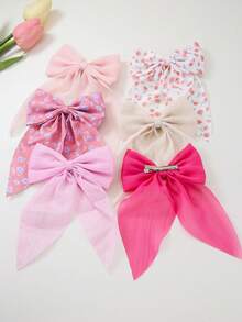 Set de 6 pinzas para el cabello con lazo de malla de chifón plateado brillante con estampado floral pequeño para niñas, adecuado para uso diario - Multicolor - Ver 2