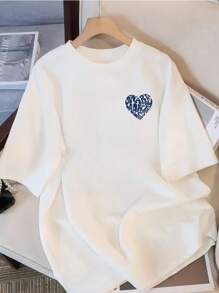 Women White Short Sleeve T-Shirt, Loose Fit Round Neck Versatile Heart Print Top, Summer