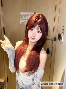 1 Piece Of Wine Red Synthetic Heat-Resistant Straight Hair, 22 Inches Long, Made Of Fiber, Suitable For Daily Use, Natural And Realistic Wig. - Burgundy - View 4