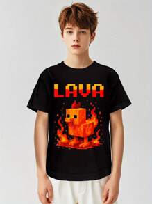 Boys' Fun Pixel Chicken Boiling Game Pattern T-Shirt - Fashionable LAVA Text And Pixel Art Design, 100% Breathable Cotton Short Sleeve Top, Machine Washable Casual Style, Suitable For All Seasons, Humorous Youth Shirt