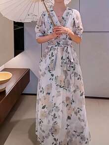 Vestidos Largos Elegantes Dama De Manga Corta de Floral De Cruzado Con Cuello En V,  Vestidos De Fiesta Largos Dama De Moda De Versátil Estampado Romántico,  Vestido Largo Dama De Gasa De Manga Corta Con Aberturas De Vacaciones De Ocio - Blanco - Ver 5