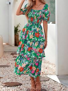 Women Summer Puff Short Sleeve Midi Dress Floral Printed Square Neck Smocked Dress Ruffle Tiered Flowy Long Dress Casual Spring Holiday Vacation Garden Boho Bohemian Wedding Guest Valentine Maxi Dress - 綠色橘色花 - 查看 5