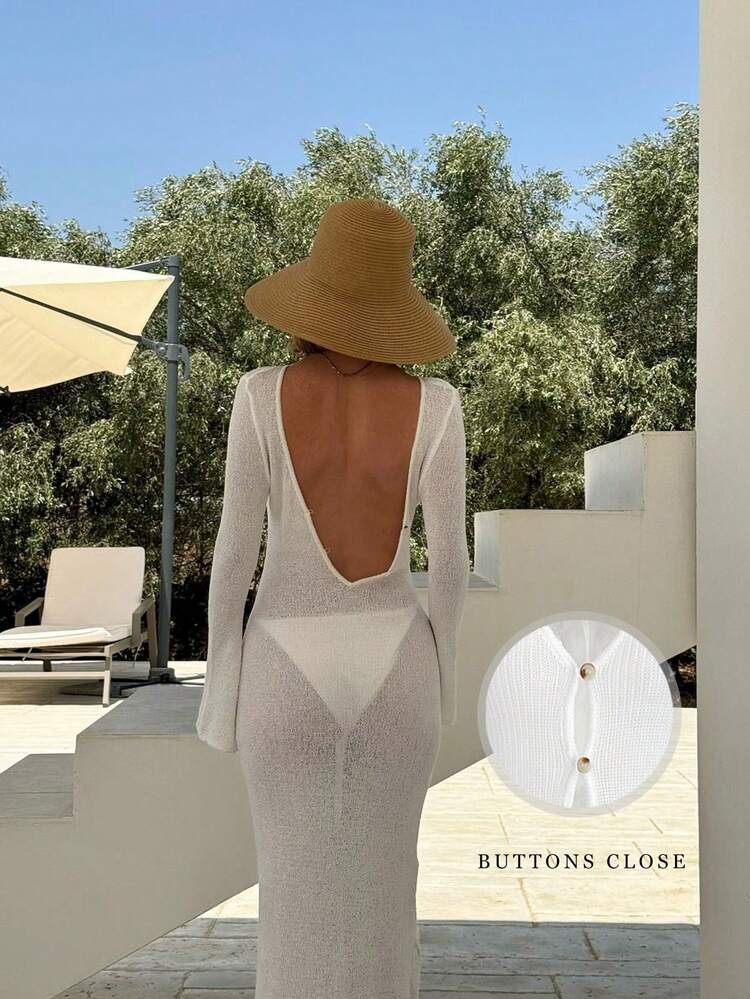 Women Solid Color V-Neck Backless Ruched Waist Bodycon Button Front Simple Daily Cover Up Long Dress Without Bikini, Summer Beach Vacation Women Sexy Crochet Sheer Maxi Boho Elegant Flowy Tie Sleeve Coverup Fall Hollow Out Dresses Relaxed Meshs, Spring Summer Fall White - White - View 8
