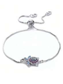 1pc European And American Personalized Fashionable Sea Turtle Design Cz Micro-Inlaid Turtle Decor Retractable Bracelet For Daily Wear