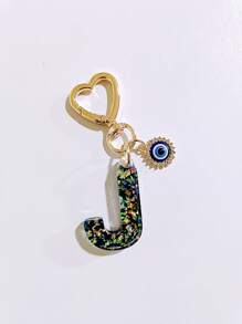 1pc Laser Black Shiny Resin A-Z Initial Keychain, With Devil Eye And Heart Keyring Bag Charm Pendant, Party Favor, Suitable For Holiday Gifts To Friends